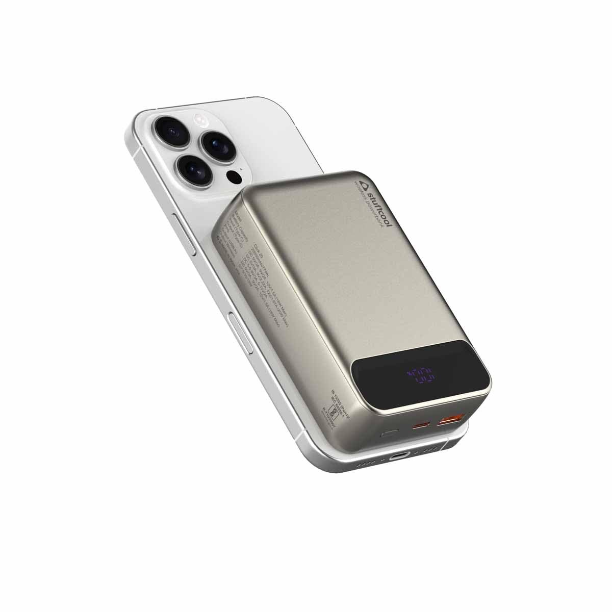 Stuffcool Click 20000mAh Magnetic Wireless Powerbank Natural Titanium Finish Perfect for iPhone 16,15,14,13,12 with Led Display and 20W Fast Wired Charging - Charges iPhone 50% in 