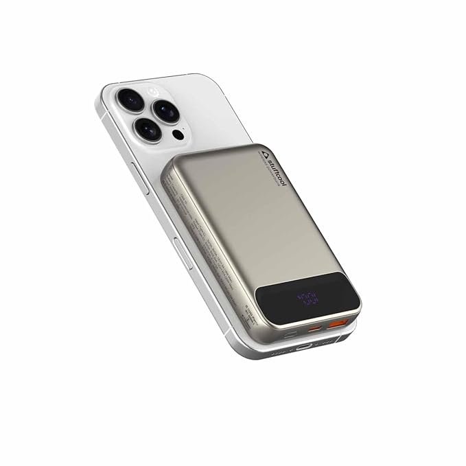 Stuffcool Click 10000mAh Slim Magnetic Wireless Powerbank Natural Titanium Finish Perfect for iPhone 16,15,14,13,12 with Led Display and 20W Fast Wired Charging - Charges iPhone 50